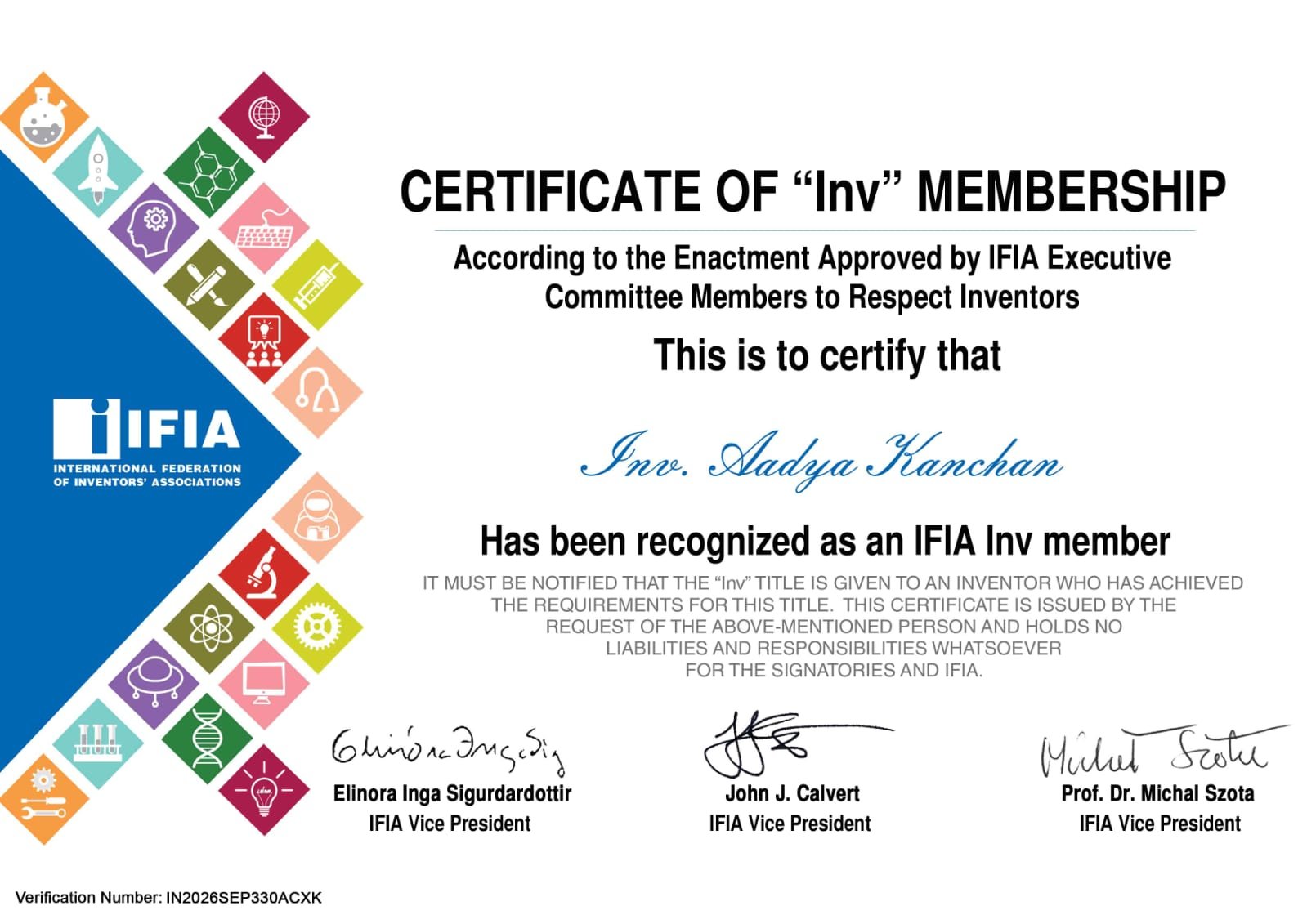 IFIA Inventor (Inv) Title certificate awarded to Aadya Kanchan